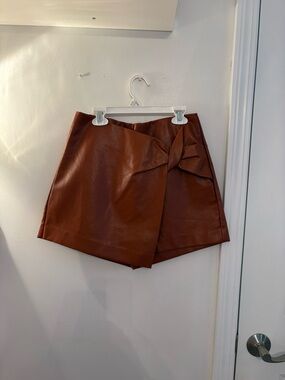 glam Brown Faux Leather Wrap Skort with Knot Detail